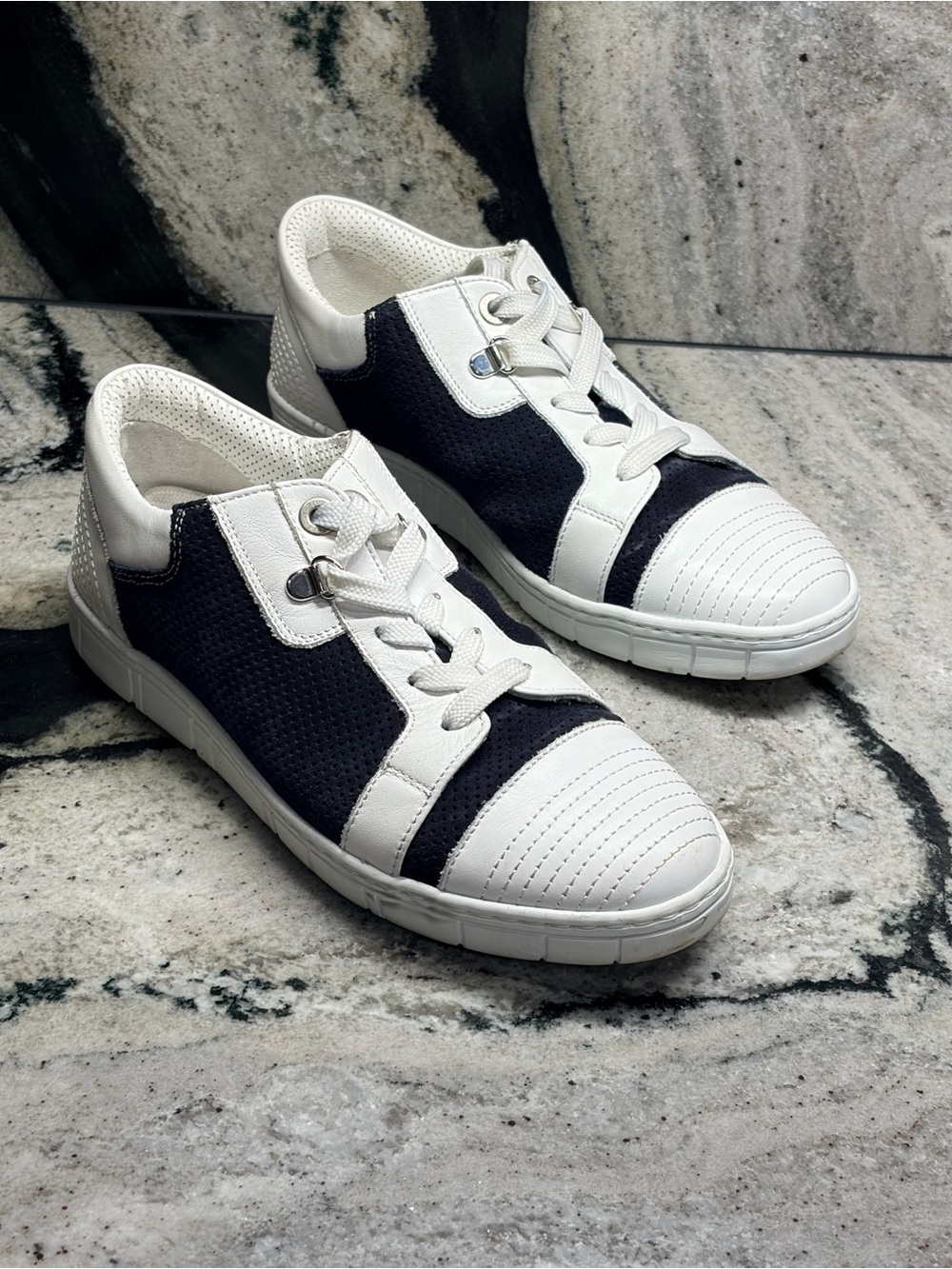 A.Testoni Women’s Leather Suede Sneakers Black White EU 37.5 US 7.5